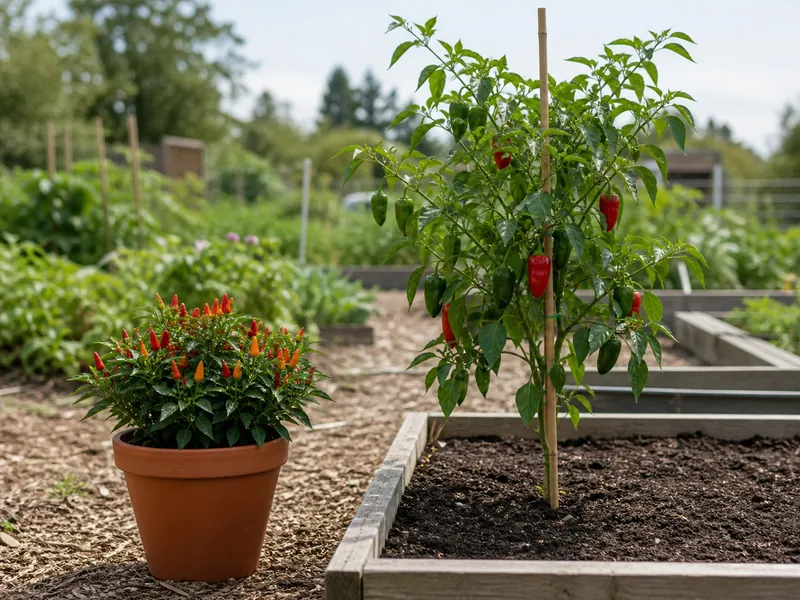 Compact ornamental pepper beside a taller staked pepper plant in a raised garden bed