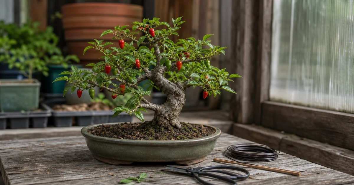 Pepper bonsai in a shallow pot with woody trunk and small red peppers
