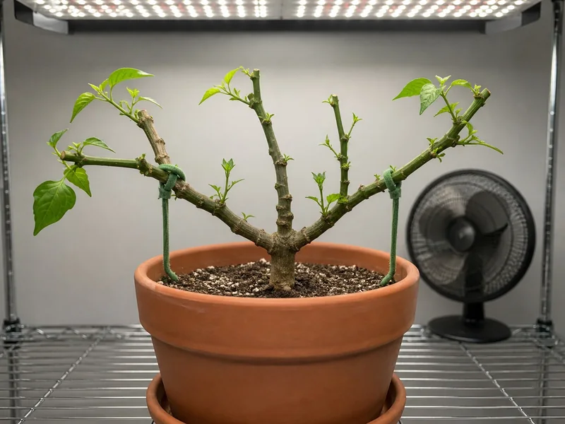 Pruned pepper plant recovering under a grow light with live buds and soft branch ties