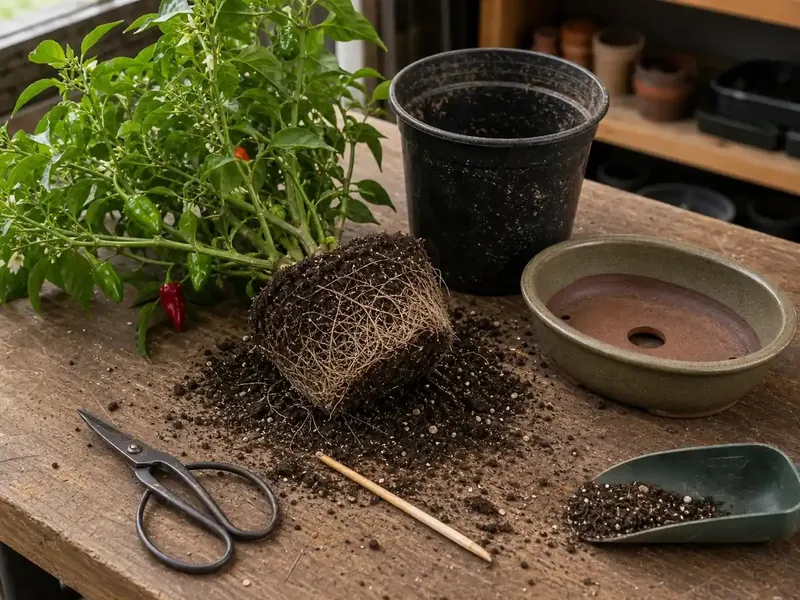 Pepper root ball beside a training pot and shallow display pot before staged root pruning