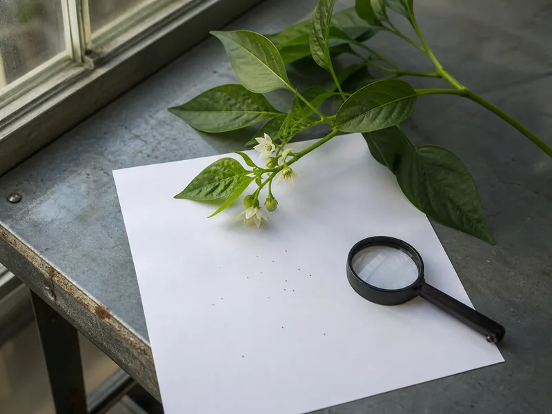 Pepper flowers tapped over white paper with tiny thrips beside a hand lens