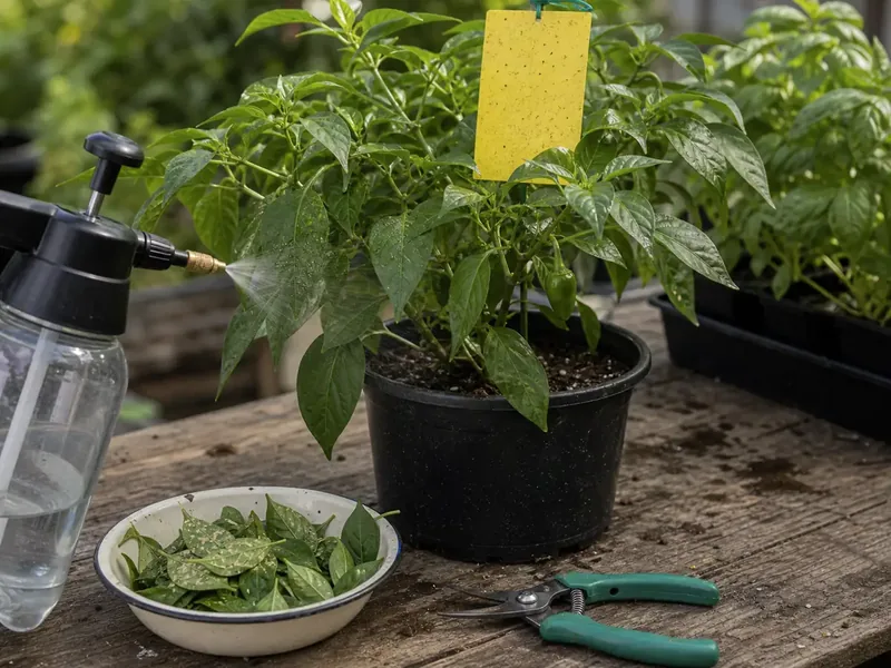 Pepper plant rinsed beside a sticky card after selective thrips cleanup