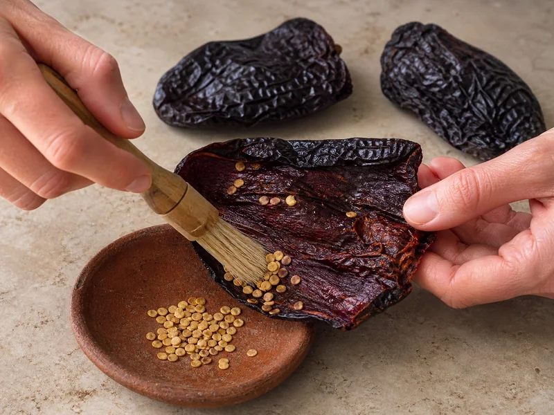 Dry pastry brush sweeping seeds from an opened ancho chile into a bowl
