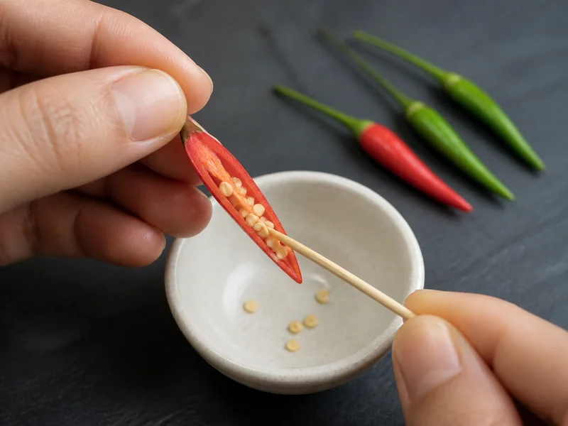 Toothpick scraping seeds from a split Thai chile into a small bowl