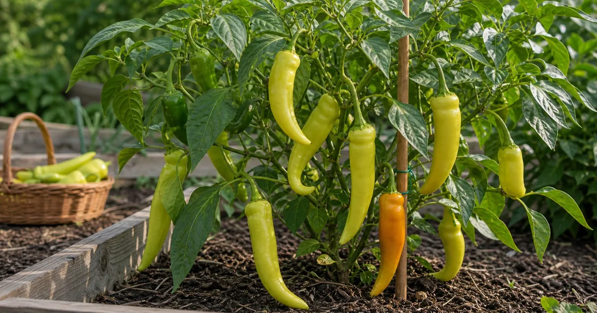 Banana pepper plant with pale yellow pods growing in a garden bed