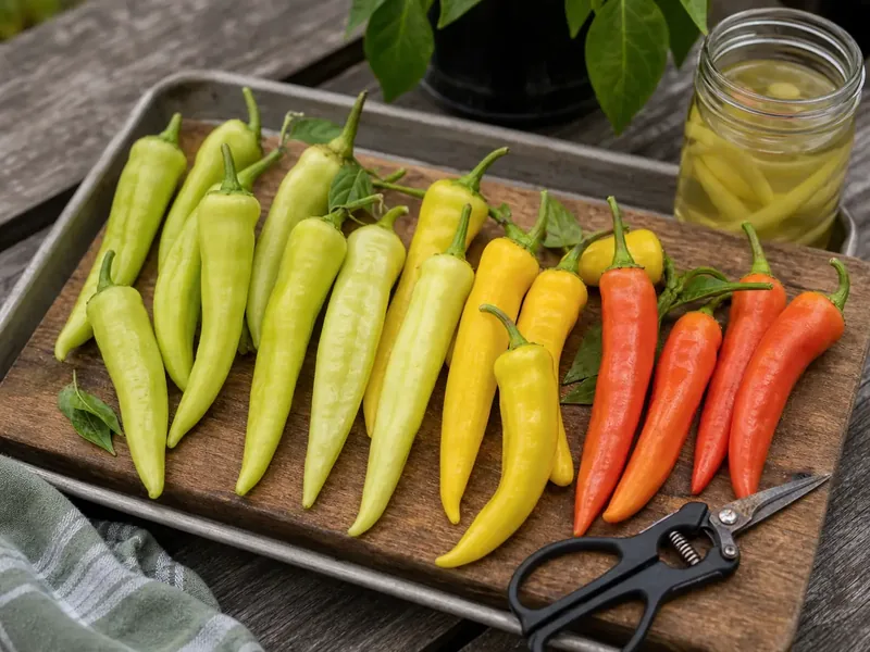 Banana peppers sorted from pale yellow to red beside clean harvest shears
