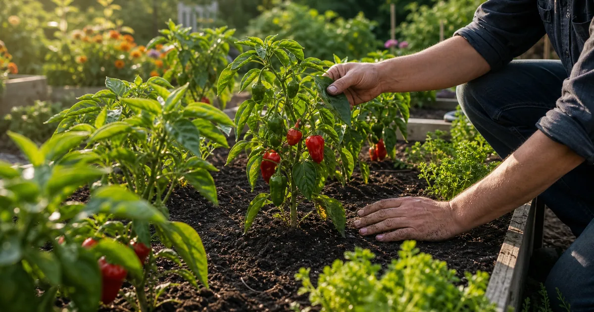 Pepper plants in a raised bed with red pods and hands checking soil