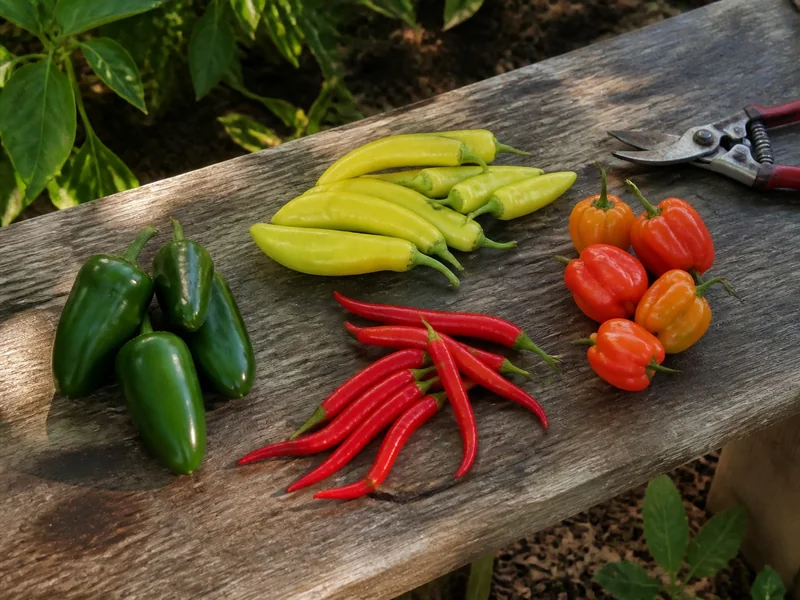 Green jalapenos, yellow banana peppers, red cayennes, and ripe Scotch bonnets grouped for harvest