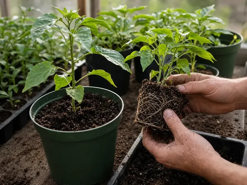 Pepper seedling root ball inspected beside a correctly potted transplant