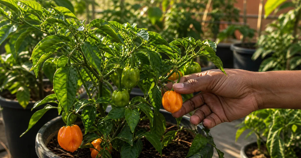 Scotch bonnet pepper plant with orange pods being checked by hand