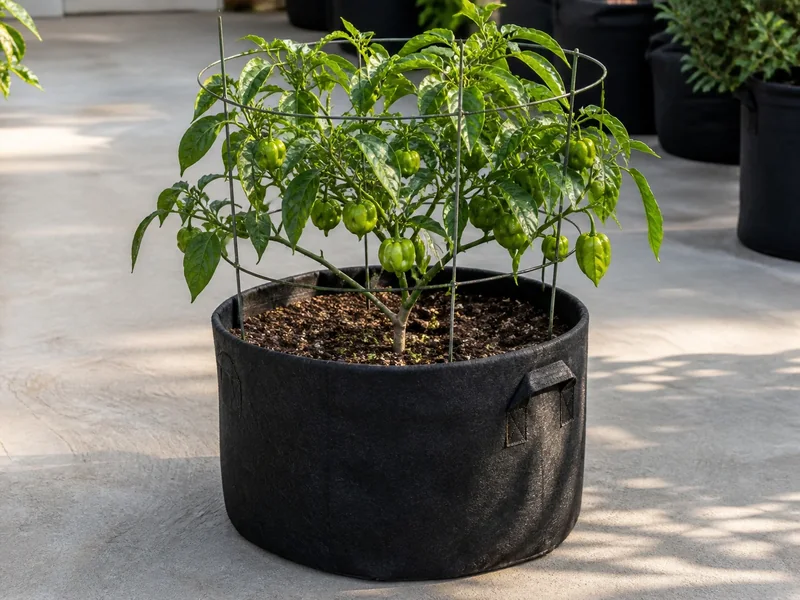 One Scotch bonnet plant supported in a wide five-gallon fabric container