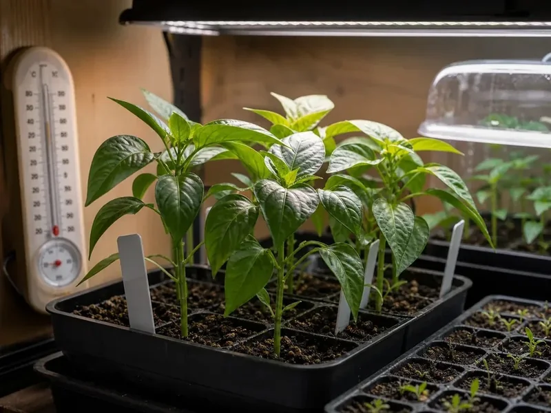 Stocky Scotch bonnet seedlings under strong light beside a thermometer