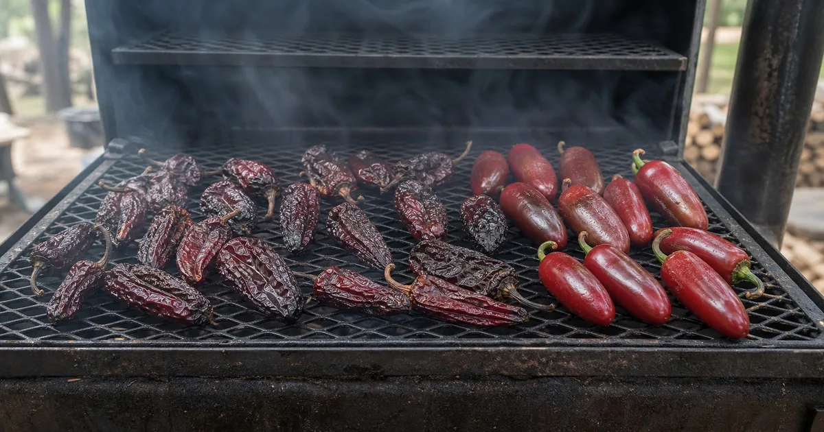 Ripe red jalapeños and drying chipotle peppers on a smoker rack