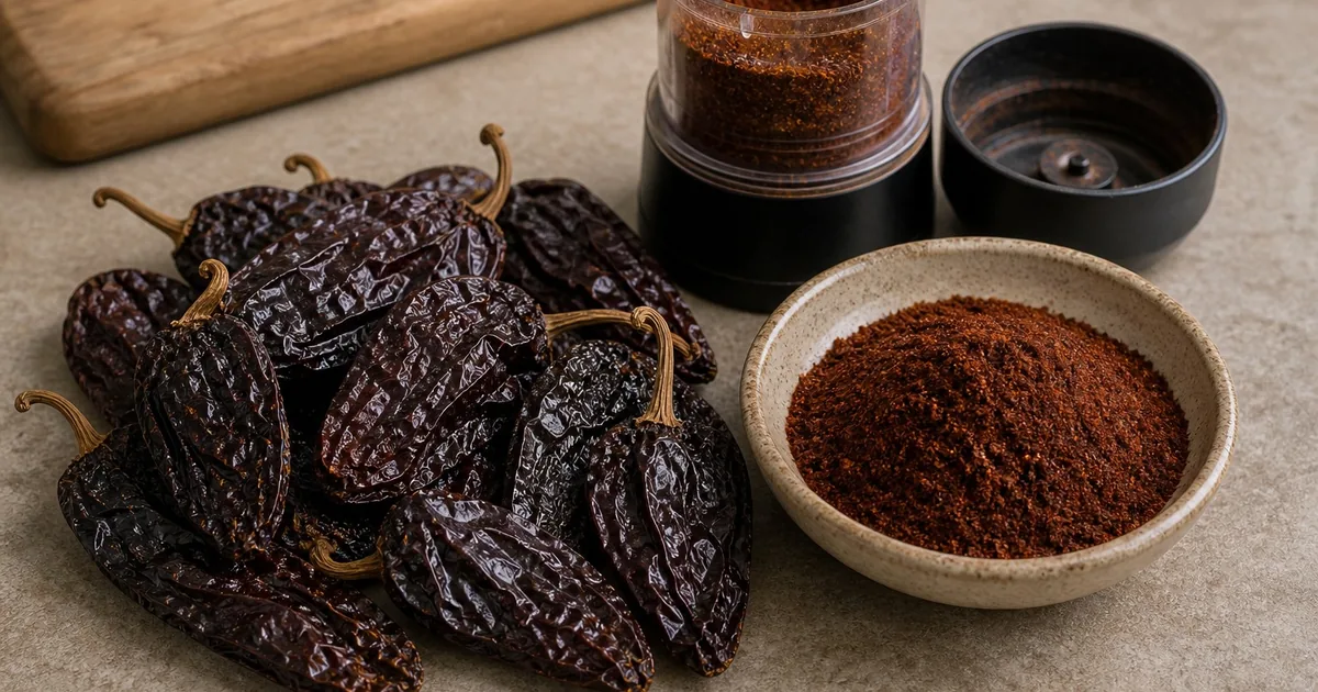 Dried chipotle peppers with ground chipotle powder beside a spice grinder