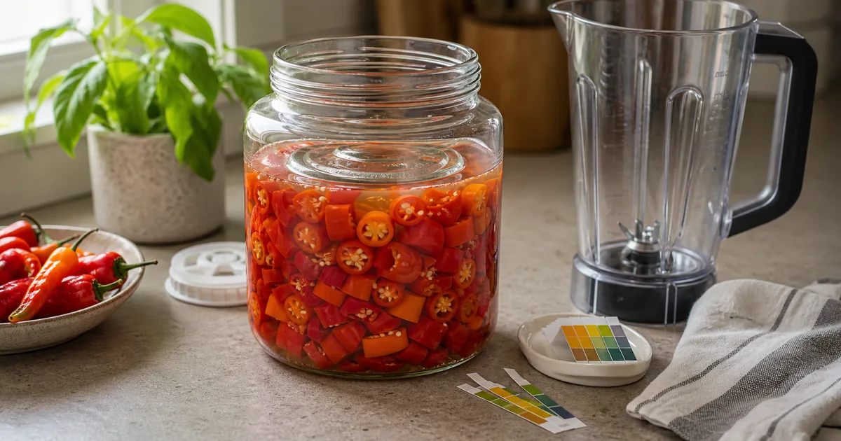 Fermenting jar of chopped red peppers in brine beside pH strips and a blender jar