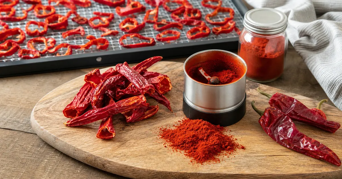 Dried red peppers and ground paprika beside a spice grinder