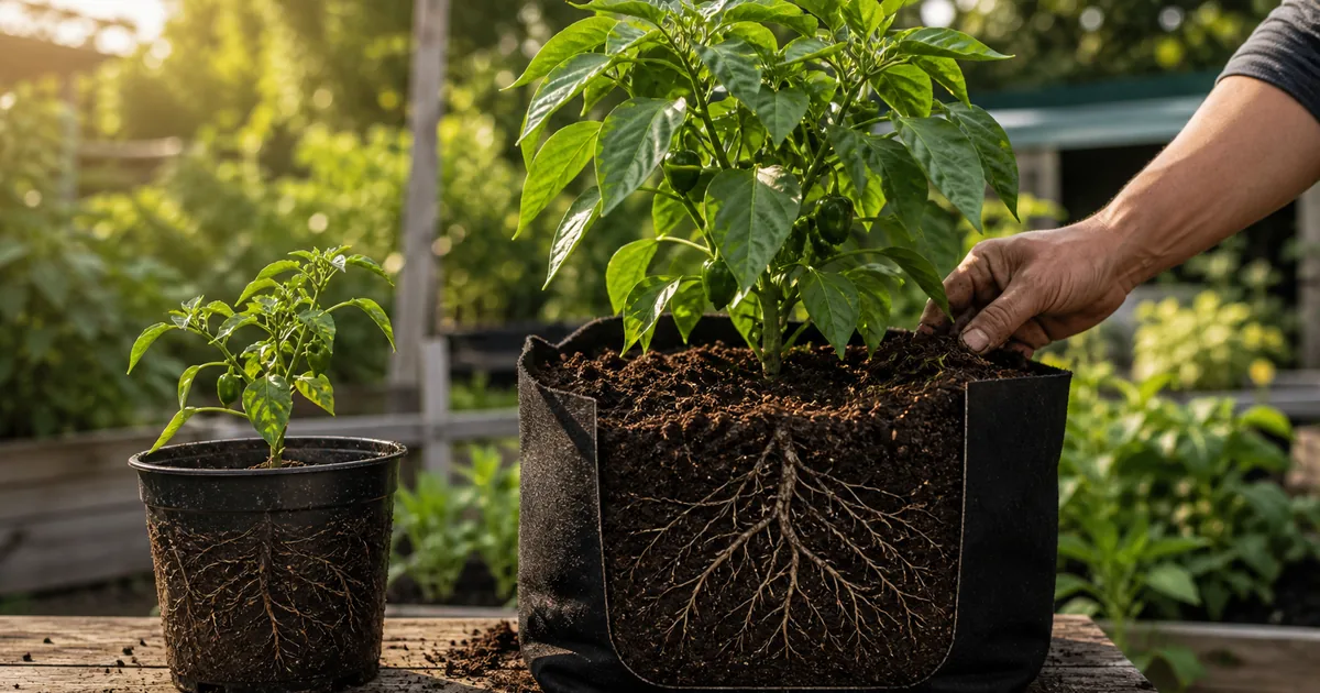 Pepper plant root ball beside a larger pot for faster growth