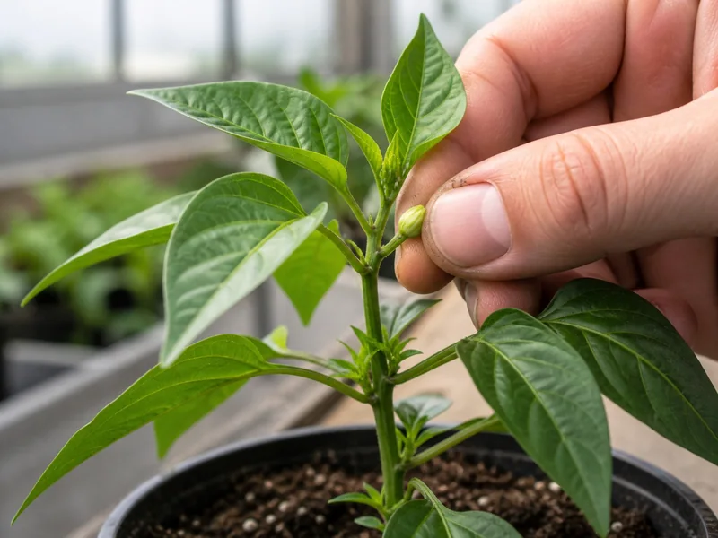 A gardener pinching one early flower bud from a young pepper plant