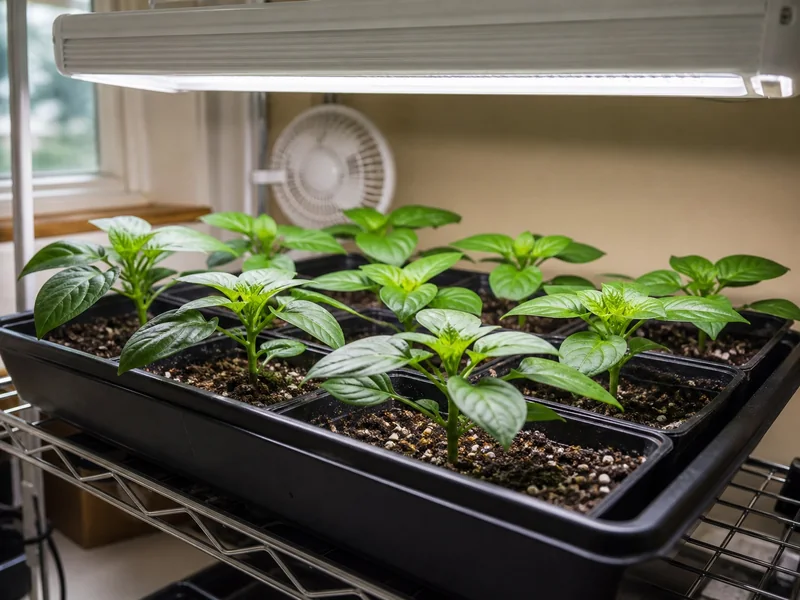 Stocky pepper seedlings growing beneath a close overhead LED light