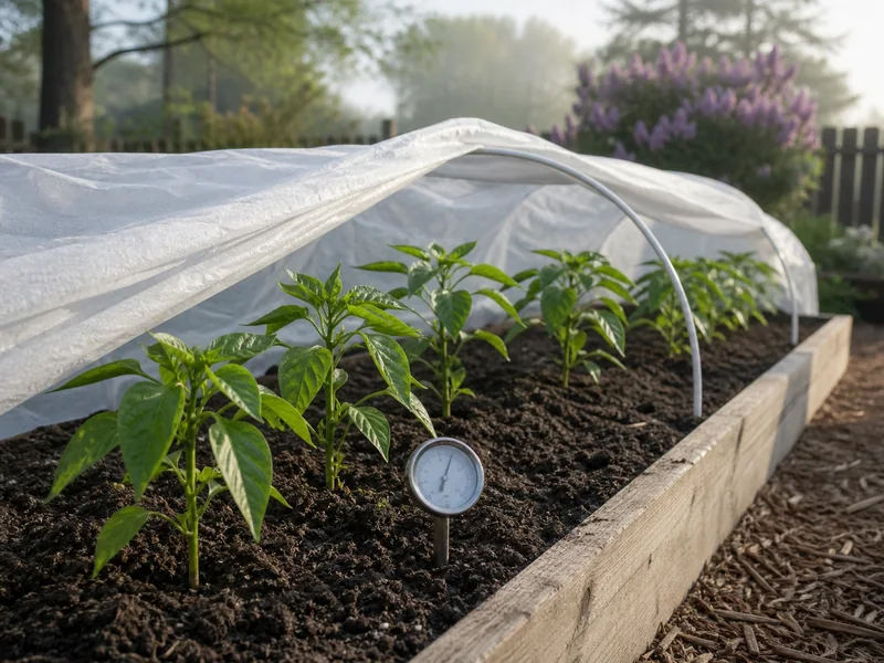 Young pepper plants under an opened row cover beside a soil thermometer