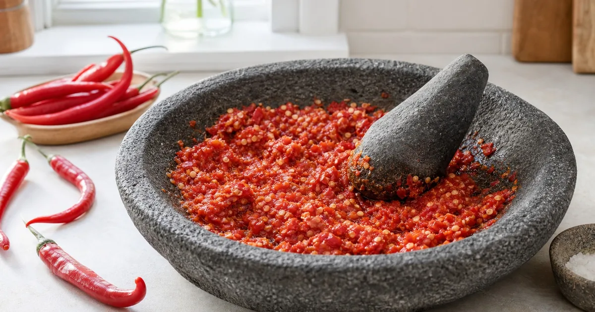 Stone mortar filled with coarse red sambal oelek and fresh red chiles beside a pestle