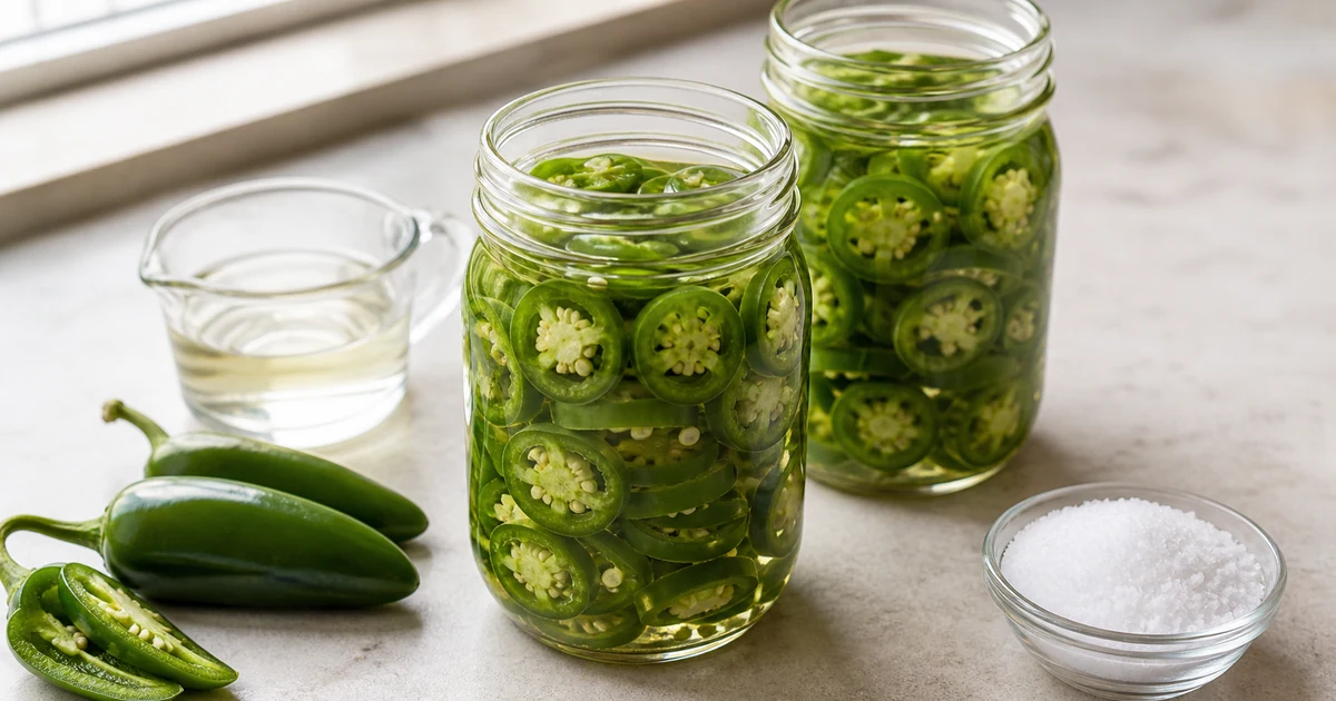 Two jars of crisp pickled jalapeno rings beside fresh peppers and measured brine