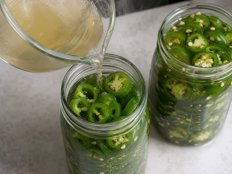 Warm vinegar brine covering jalapeno rings in a refrigerator pickle jar