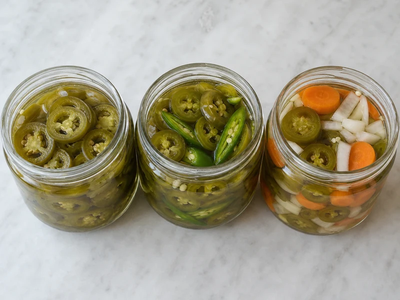 Sliced jalapenos, vinegar brine, and clean jars arranged for refrigerator pickling