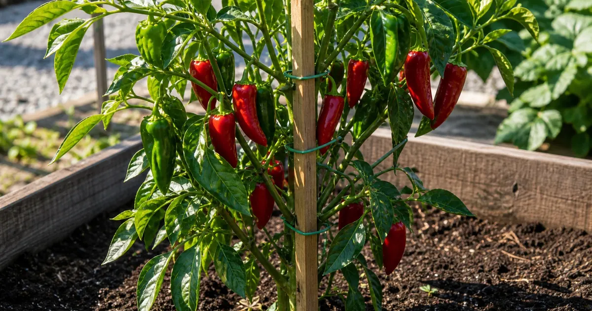 Mature fruiting pepper plant supported upright by a wood stake and soft ties