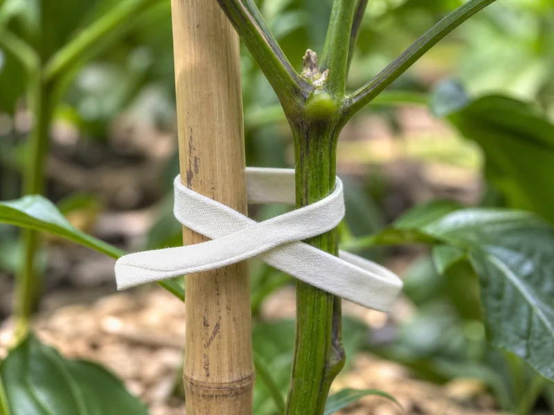 Loose figure-eight fabric tie separating a pepper stem from a bamboo stake