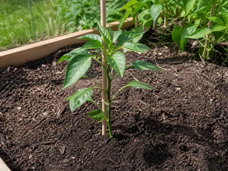Stake positioned in firm soil beside a young pepper plant root crown