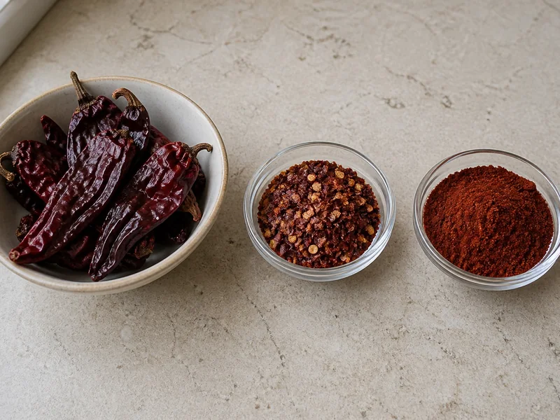 Whole dried chiles, coarse flakes, and powder arranged in separate bowls