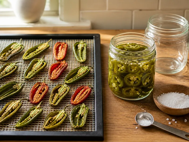 Jalapeno halves on a dehydrator tray beside a jar of pickled rings