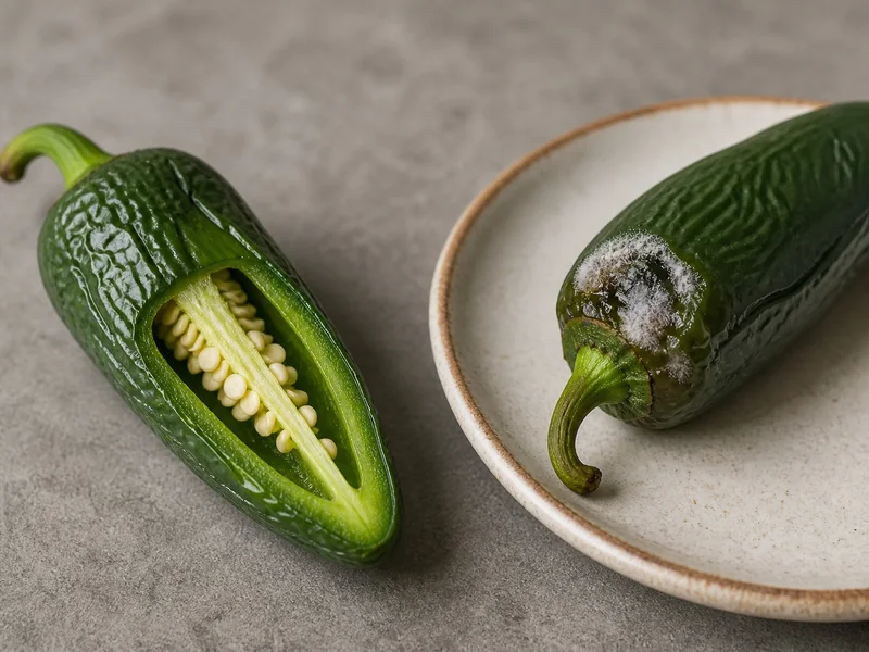 A clean wrinkled jalapeno beside a moldy leaking jalapeno for comparison
