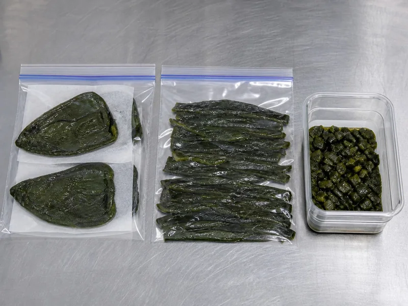 Roasted poblano halves, strips, and dice in three freezer packages