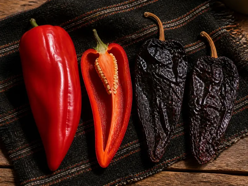 A ripe red poblano and two dried ancho chiles shown side by side
