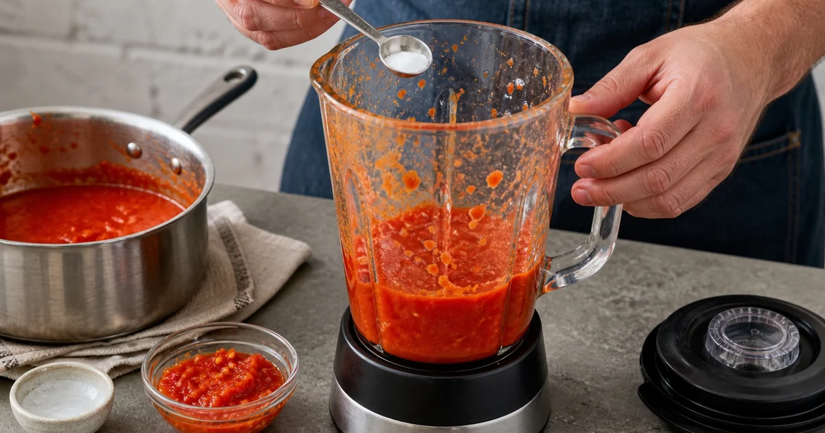 Blender jar and saucepan used to thicken hot sauce during prep