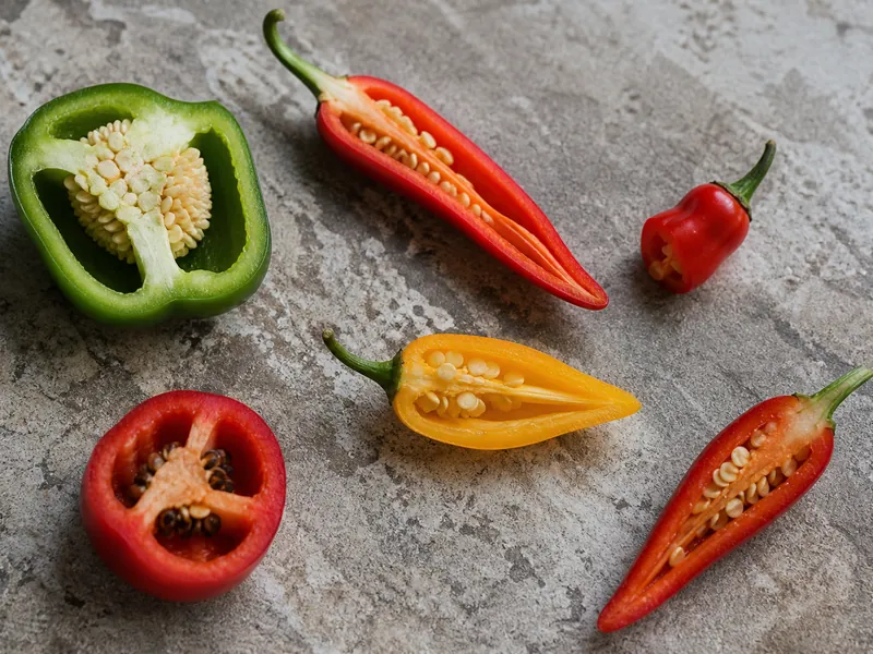 Pepper plants with leaf, flower, and pod traits arranged for identification