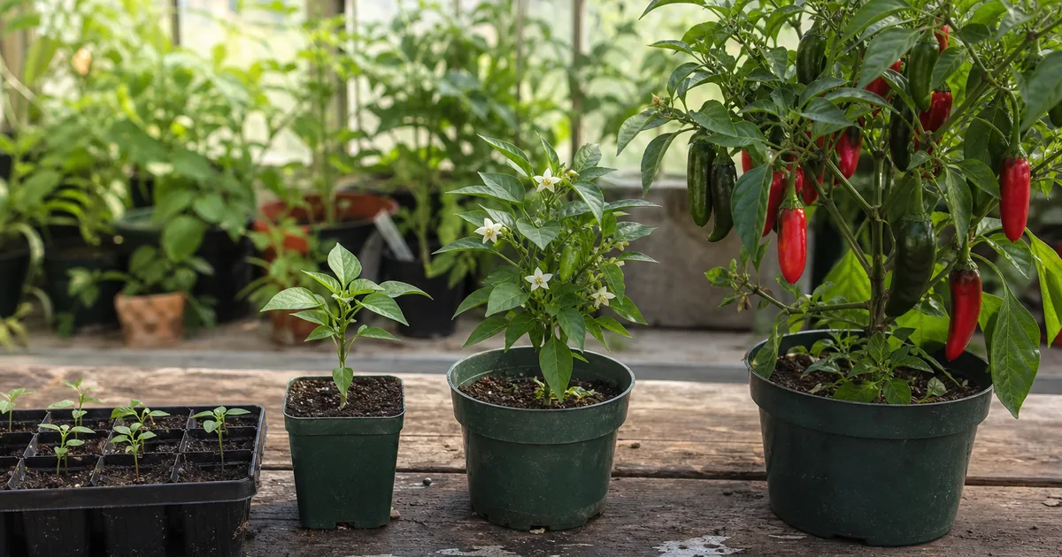 Jalapeno plants shown from seedling tray through flowering and mature pods on a greenhouse bench
