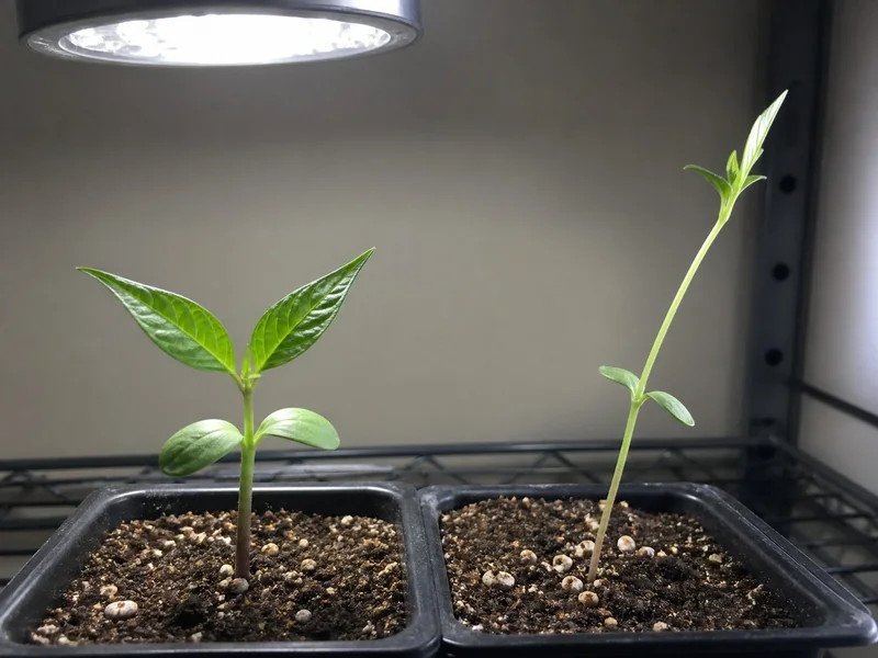 Stocky jalapeno seedling beside a tall leggy seedling under a grow light