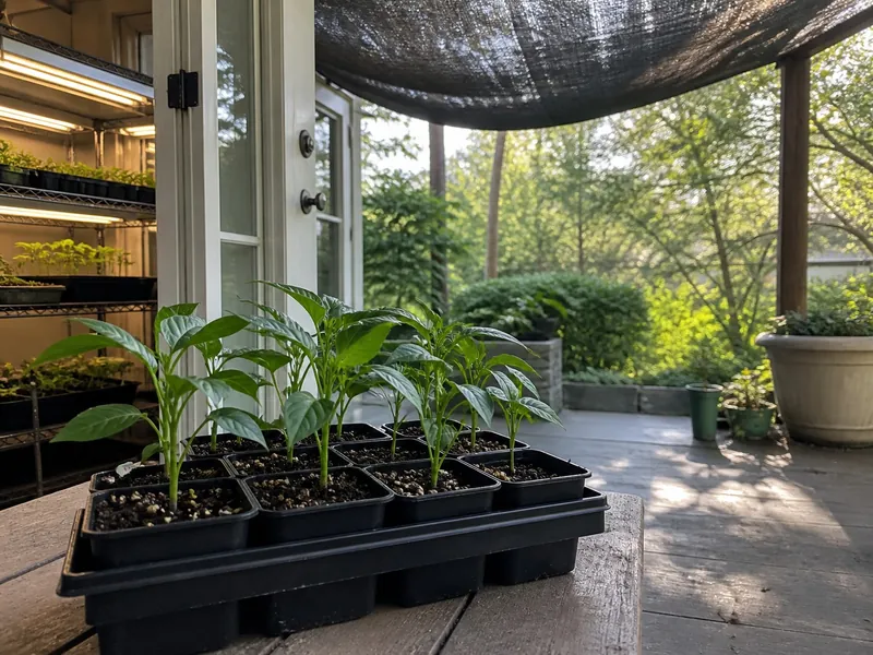 Jalapeno seedlings hardening on a sheltered porch beside an indoor grow shelf