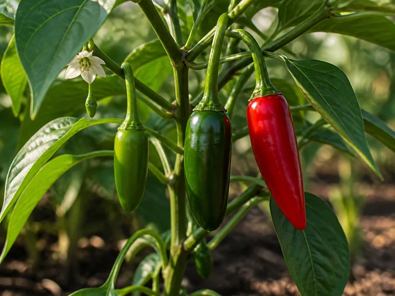 Jalapeno flower, tiny pod, mature green pod, and red ripe pod on one plant