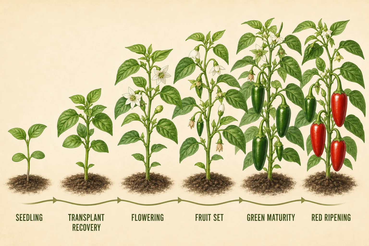 Botanical sequence of jalapeno seedling, transplant recovery, flowering, fruit set, green maturity, and red ripening