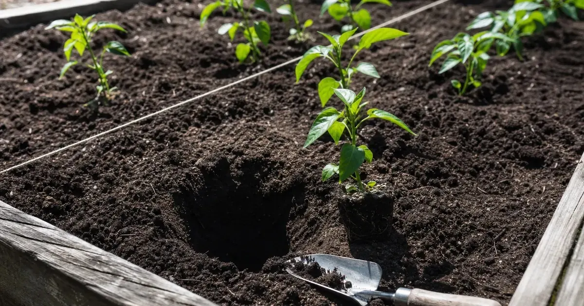 Jalapeno transplants spaced in a raised bed beside a planting hole