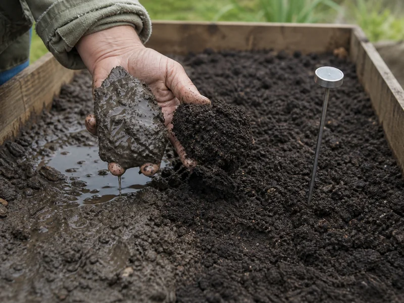 Wet smeared soil and loose crumbly soil compared by hand in a raised bed