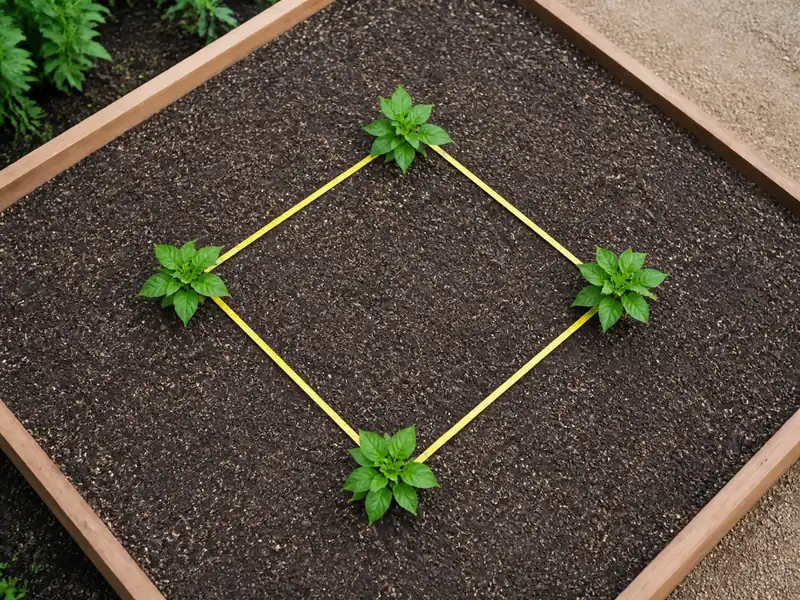 Four jalapeno transplants in a staggered pattern with measuring tape between stems