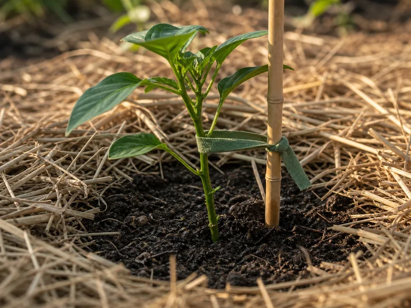 New jalapeno transplant tied loosely to a stake with mulch clear of the stem