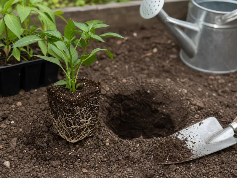 Root-bound jalapeno transplant beside a planting hole and trowel
