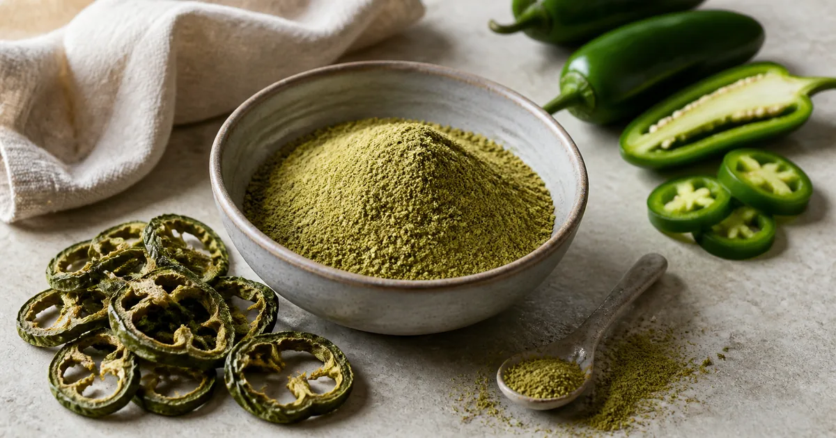 Green jalapeno powder with dried jalapeno rings and fresh sliced jalapenos