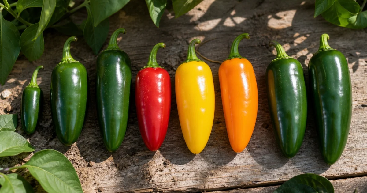 Jalapeno pods in green, red, yellow, and orange mature colors